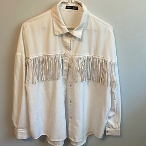 SHEIN white tassel button up